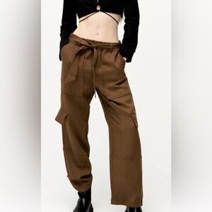 ZARA Brown Cargo Pants Paperbag Waist Tie Belt Wide Leg Large